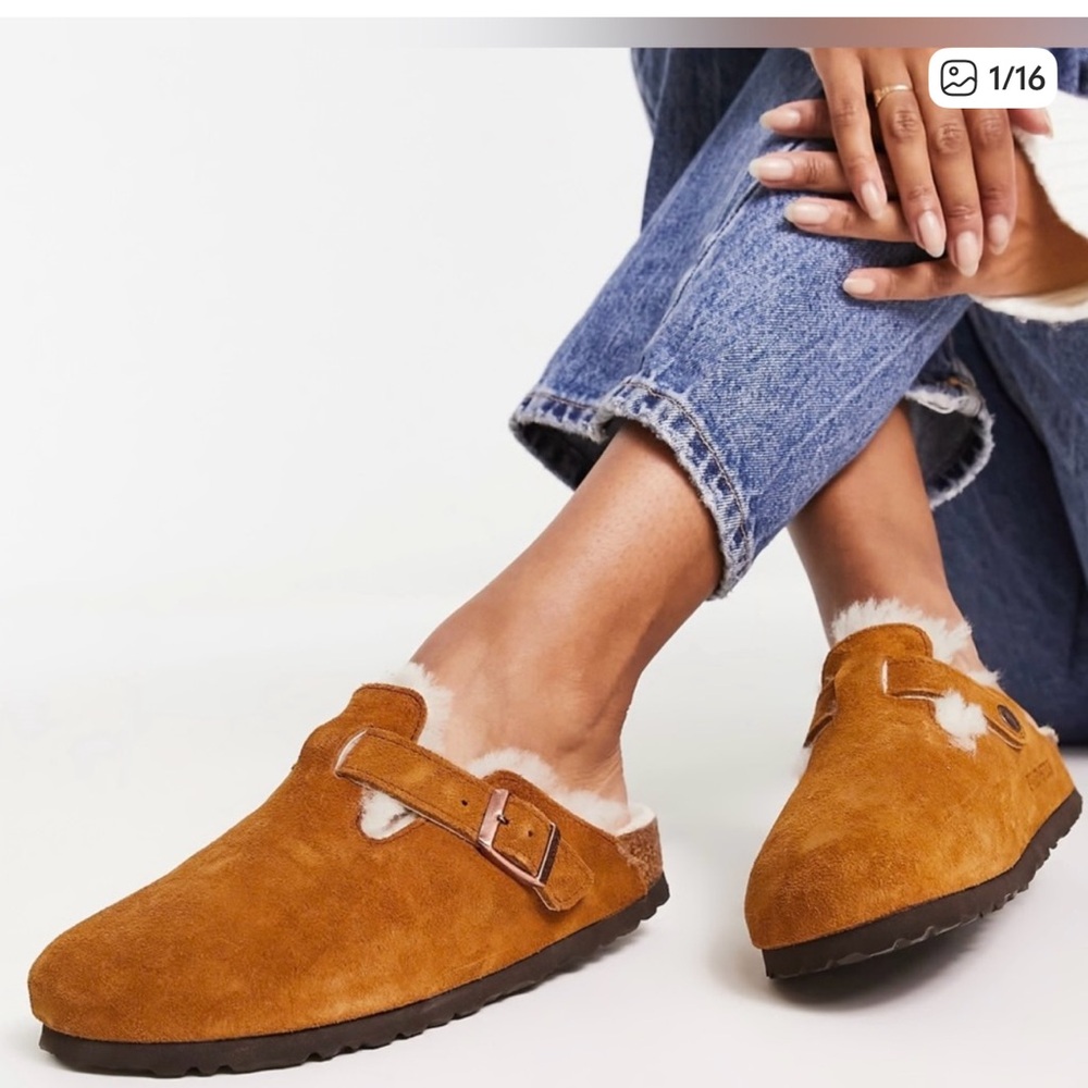Birkenstock Boston Shearling Clogs size 38 brown tan